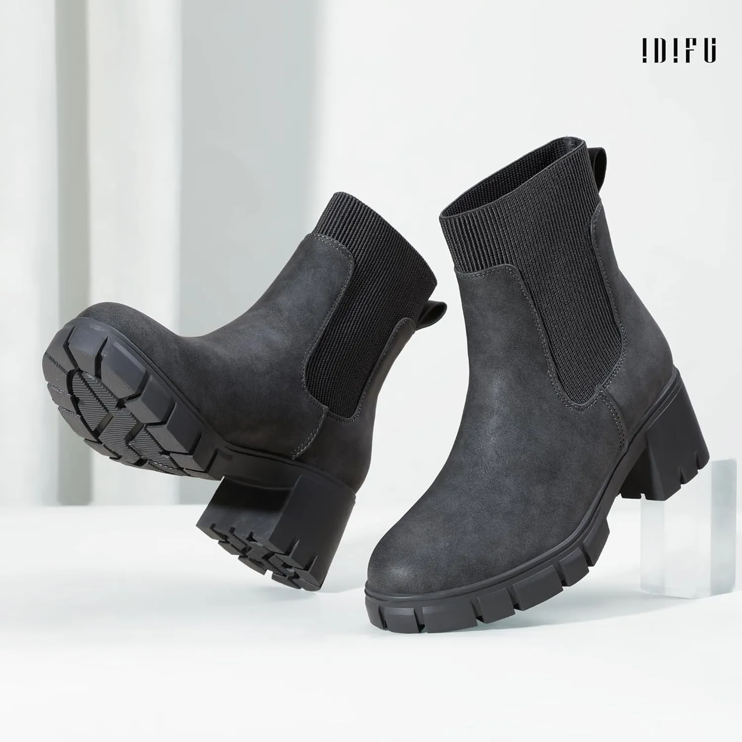 IDIFU IN2 Chelsea Boots Elastic Ankle Boots for Women Platform Lug Sole Women's Boots Round Toe Low Chunky Block Heeled Booties Work Dress Fashion Casual Comfortable Slip on Short Boots