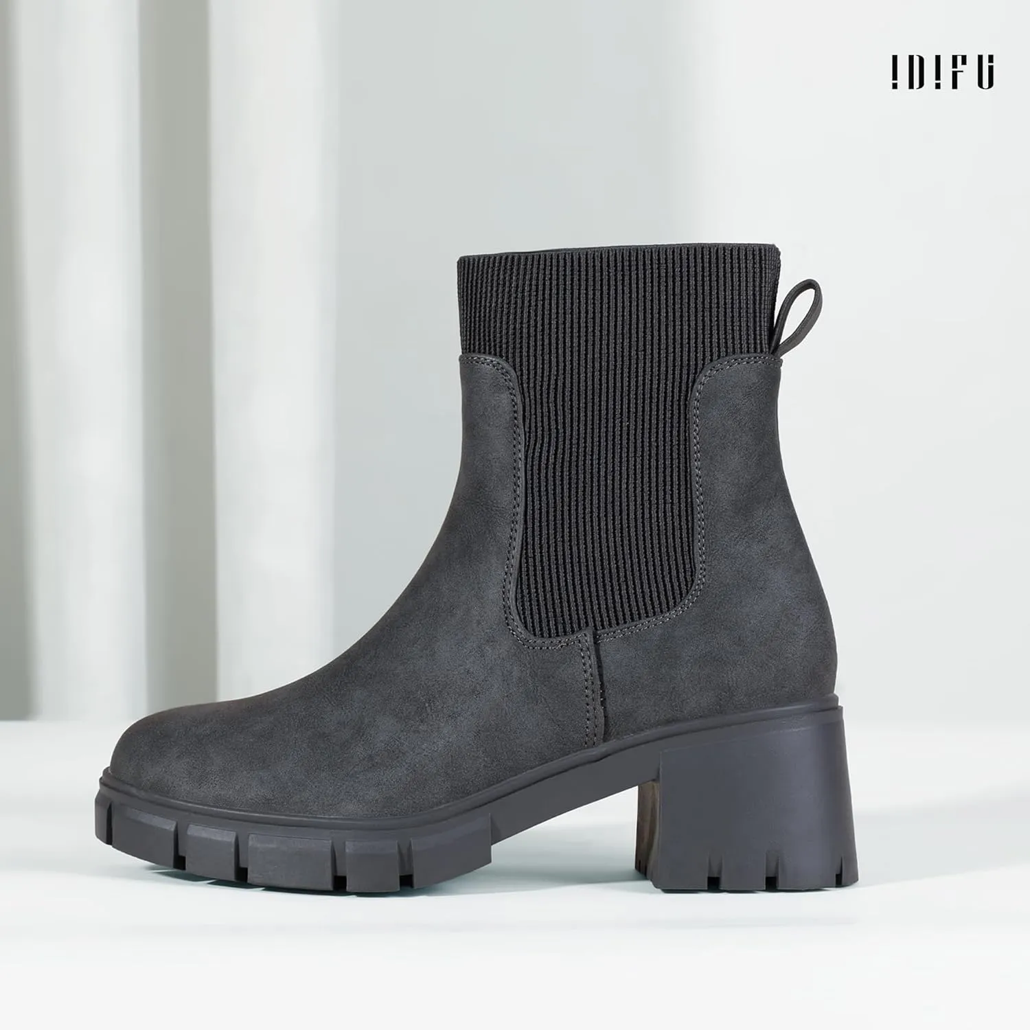 IDIFU IN2 Chelsea Boots Elastic Ankle Boots for Women Platform Lug Sole Women's Boots Round Toe Low Chunky Block Heeled Booties Work Dress Fashion Casual Comfortable Slip on Short Boots