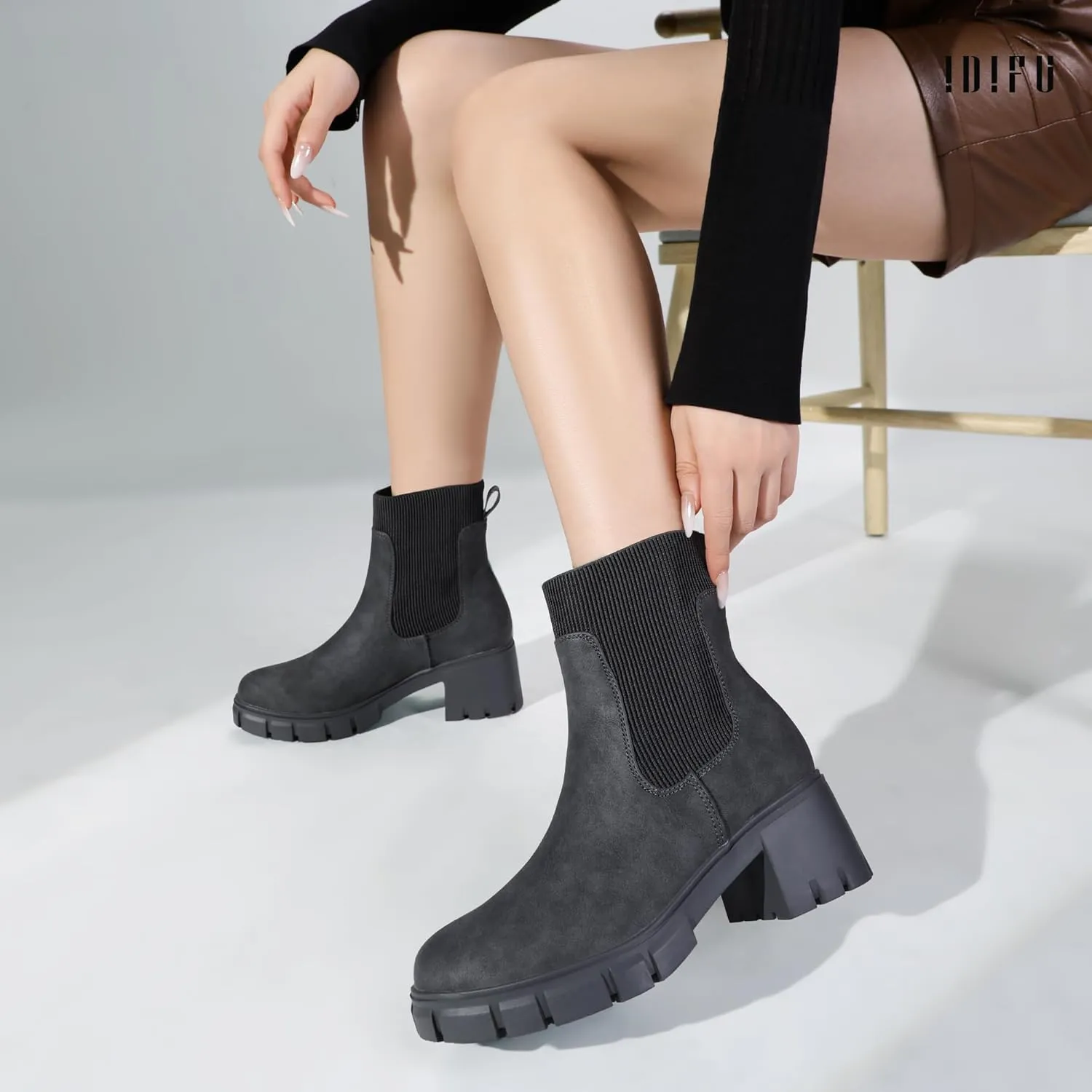 IDIFU IN2 Chelsea Boots Elastic Ankle Boots for Women Platform Lug Sole Women's Boots Round Toe Low Chunky Block Heeled Booties Work Dress Fashion Casual Comfortable Slip on Short Boots