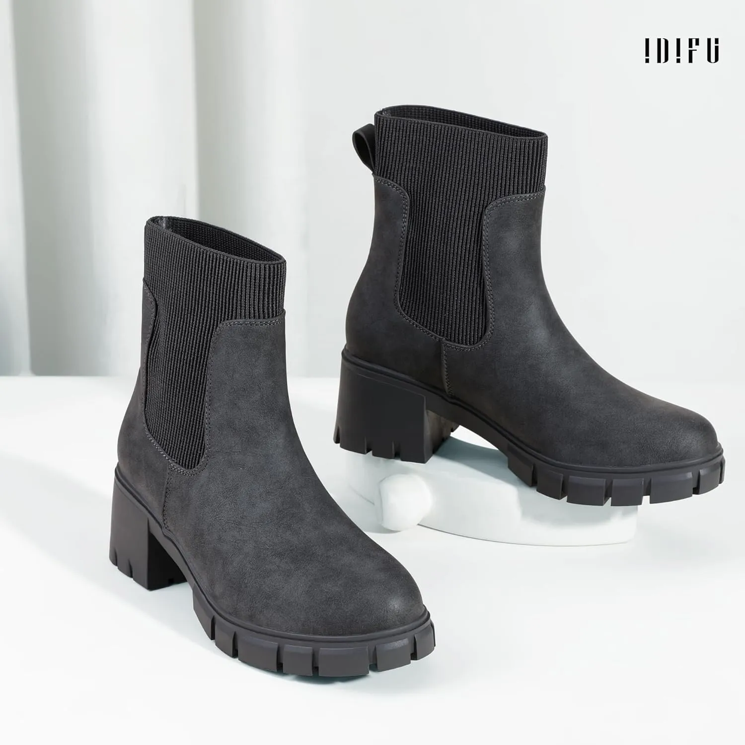 IDIFU IN2 Chelsea Boots Elastic Ankle Boots for Women Platform Lug Sole Women's Boots Round Toe Low Chunky Block Heeled Booties Work Dress Fashion Casual Comfortable Slip on Short Boots