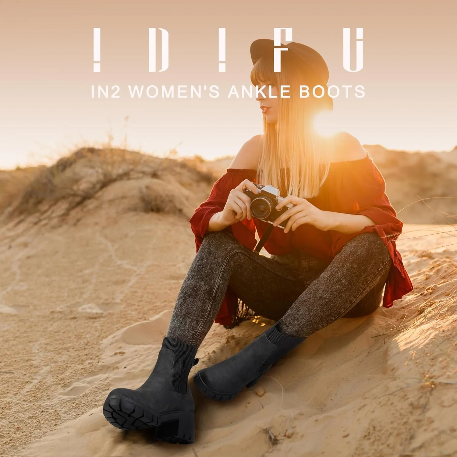 IDIFU IN2 Chelsea Boots Elastic Ankle Boots for Women Platform Lug Sole Women's Boots Round Toe Low Chunky Block Heeled Booties Work Dress Fashion Casual Comfortable Slip on Short Boots