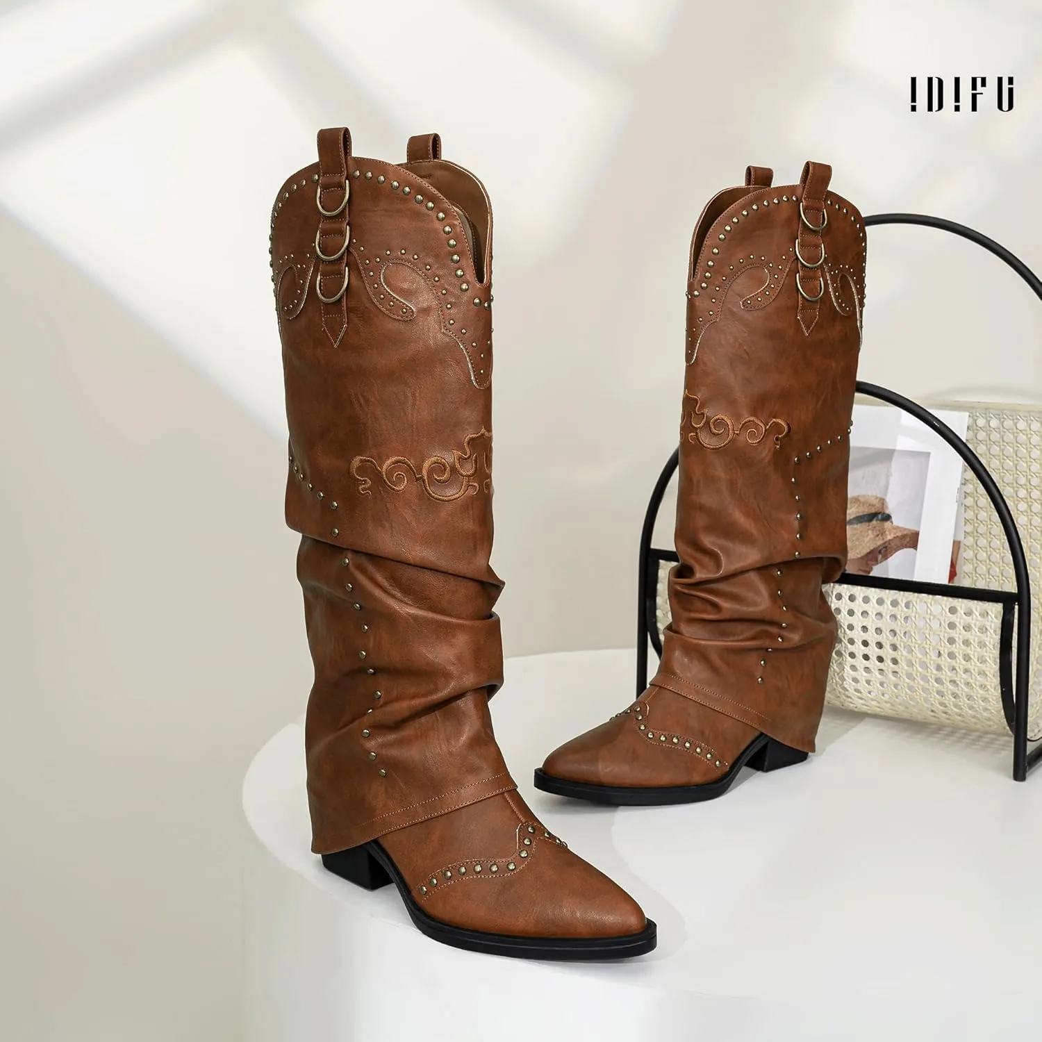 IDIFU IN2 Fold Over Cowboy Boots for Women Cowgirl Knee High Western Embroidered Pointed Toe Slouchy Low Short Block Chunky Heel Zipper Comfort Fashion Cute Trendy Prom Dressy Fall Boots