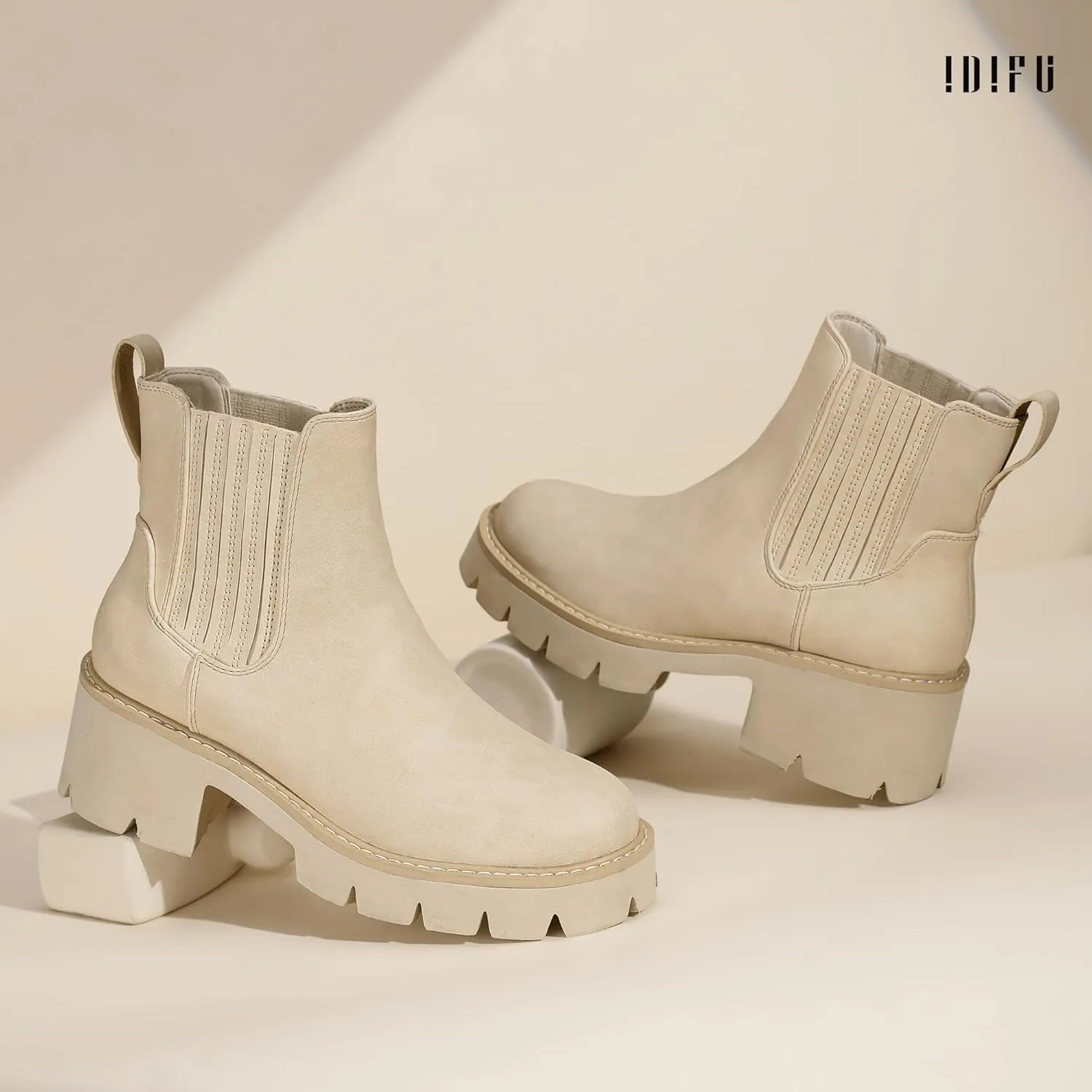 IDIFU IN2 Women's Chelsea Boots Platform Low Block Chunky Heeled Ankle Boots Round Toe Lug Sole Slip On Dress Boots Fall Work Dressy Comfortable Fashion Casual Short Booties Shoes