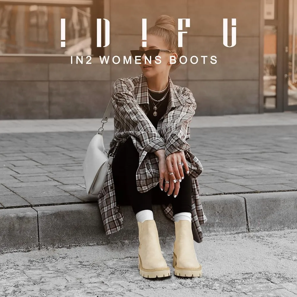 IDIFU IN2 Women's Chelsea Boots Platform Low Block Chunky Heeled Ankle Boots Round Toe Lug Sole Slip On Dress Boots Fall Work Dressy Comfortable Fashion Casual Short Booties Shoes