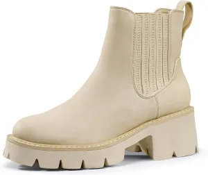 IDIFU IN2 Women's Chelsea Boots Platform Low Block Chunky Heeled Ankle Boots Round Toe Lug Sole Slip On Dress Boots Fall Work Dressy Comfortable Fashion Casual Short Booties Shoes