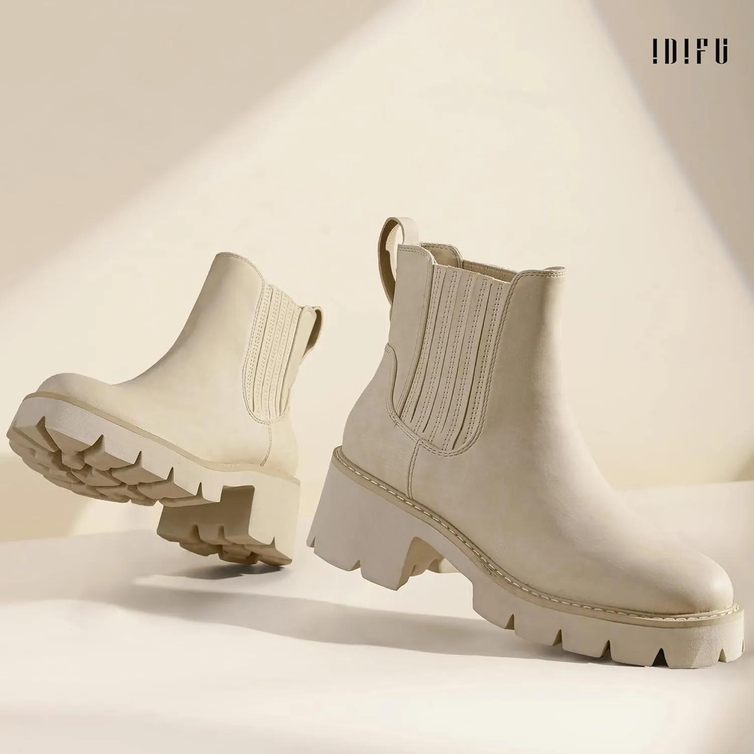 IDIFU IN2 Women's Chelsea Boots Platform Low Block Chunky Heeled Ankle Boots Round Toe Lug Sole Slip On Dress Boots Fall Work Dressy Comfortable Fashion Casual Short Booties Shoes