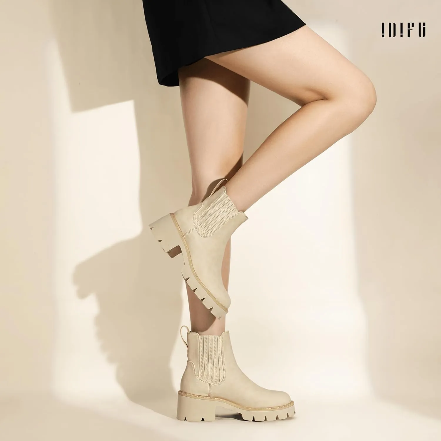 IDIFU IN2 Women's Chelsea Boots Platform Low Block Chunky Heeled Ankle Boots Round Toe Lug Sole Slip On Dress Boots Fall Work Dressy Comfortable Fashion Casual Short Booties Shoes