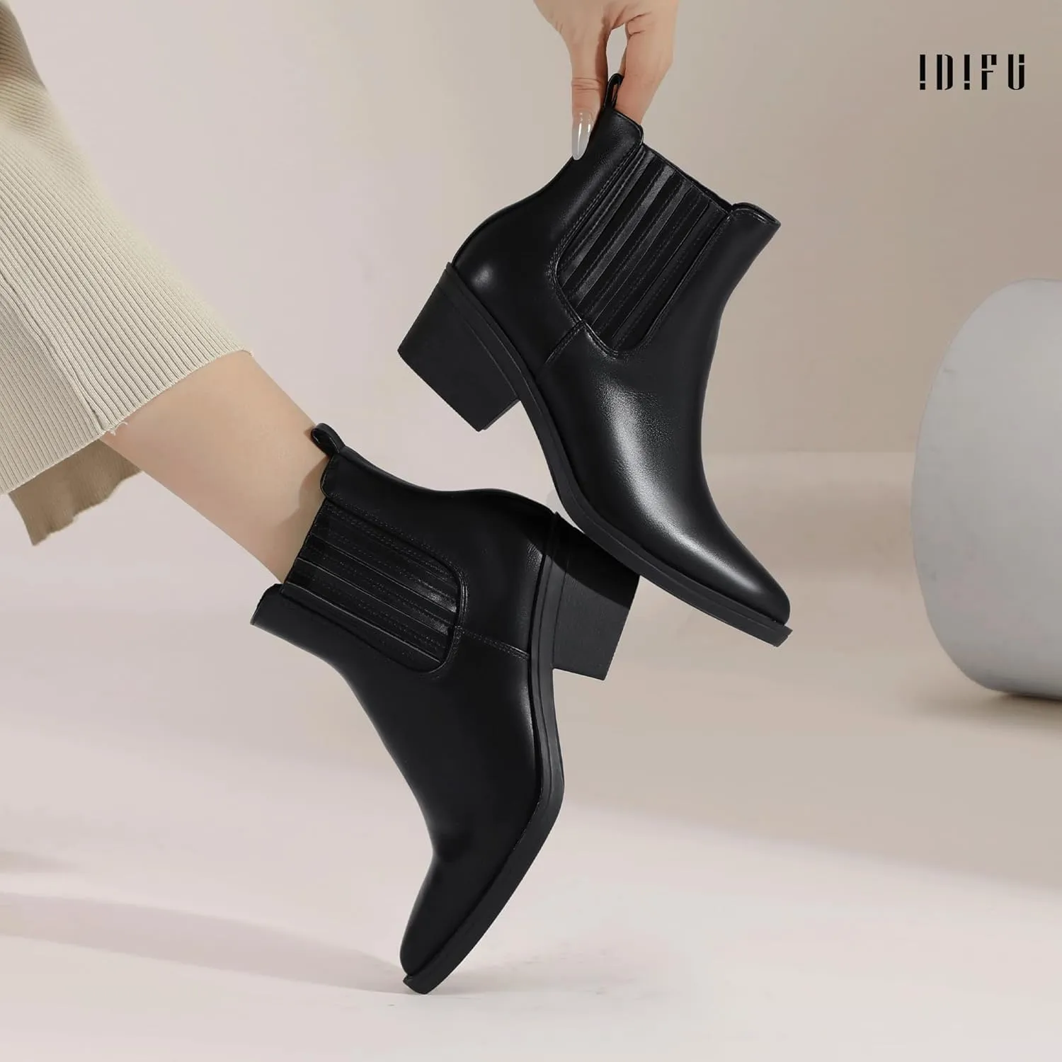 IDIFU IN2 Women's Chelsea Boots Pointed Toe Ankle Booties Low Short Chunky Block Heel Fall Boots Slip On Dress Boots for Women Ladies Comfy Casual Comfortable Cute Elastic Boots