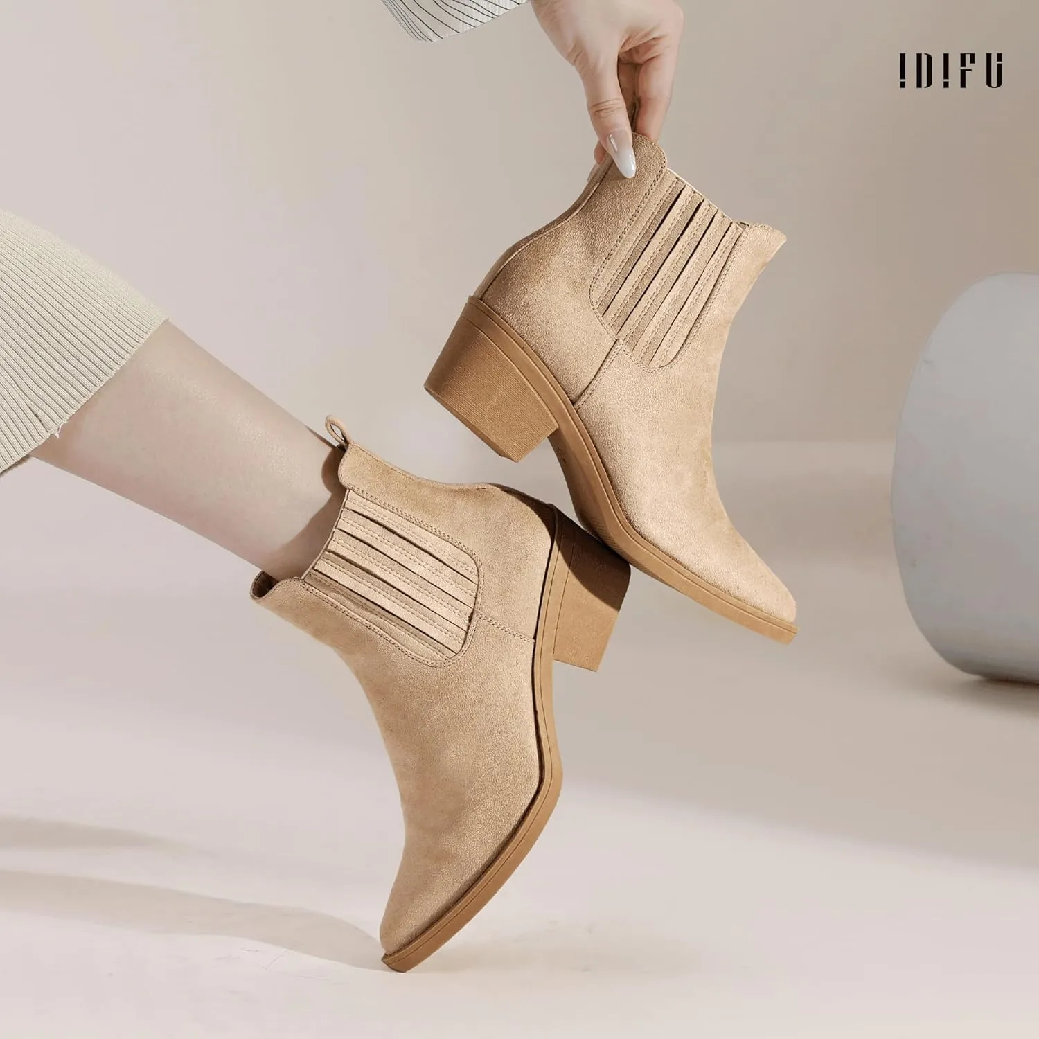 IDIFU IN2 Women's Chelsea Boots Pointed Toe Ankle Booties Low Short Chunky Block Heel Fall Boots Slip On Dress Boots for Women Ladies Comfy Casual Comfortable Cute Elastic Boots