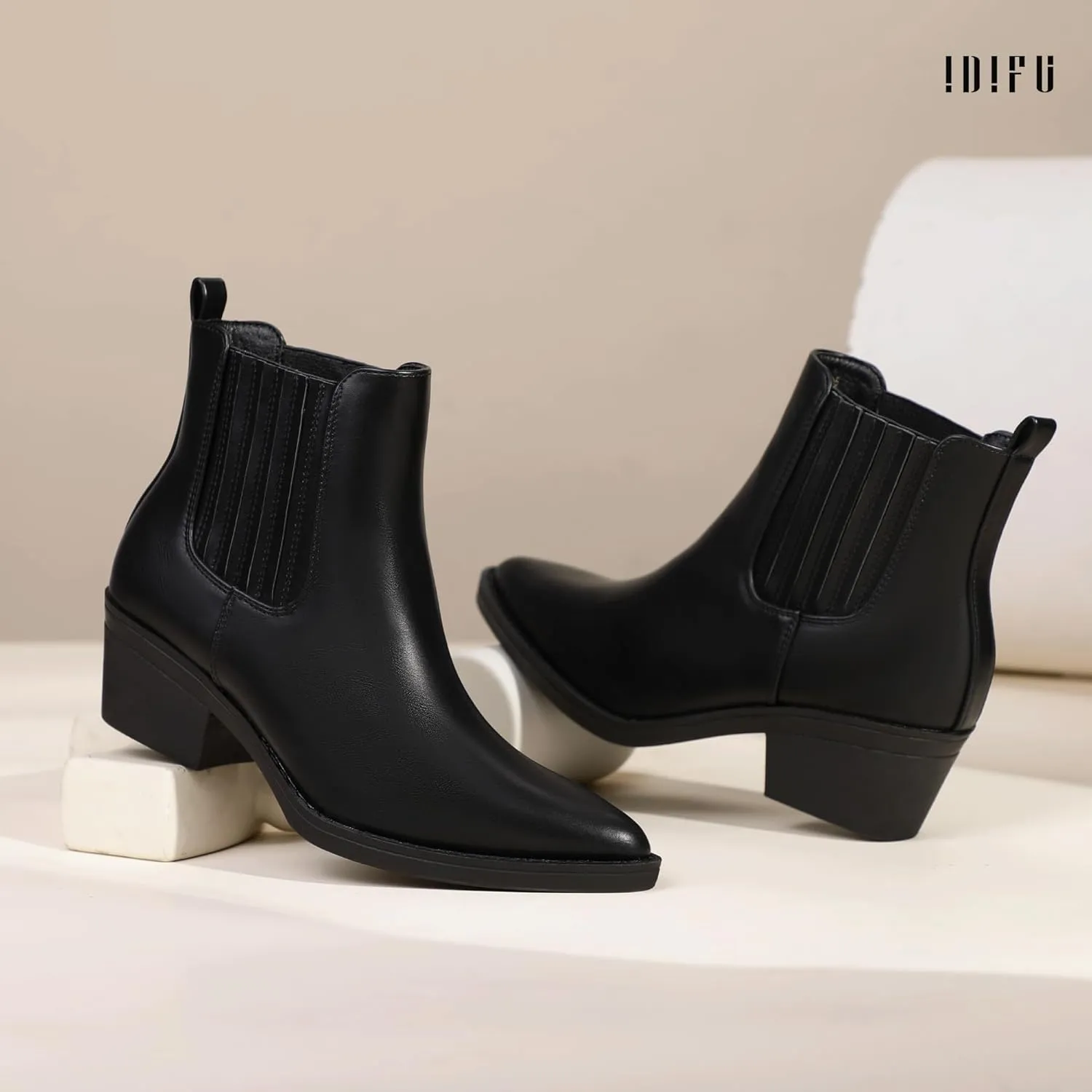 IDIFU IN2 Women's Chelsea Boots Pointed Toe Ankle Booties Low Short Chunky Block Heel Fall Boots Slip On Dress Boots for Women Ladies Comfy Casual Comfortable Cute Elastic Boots