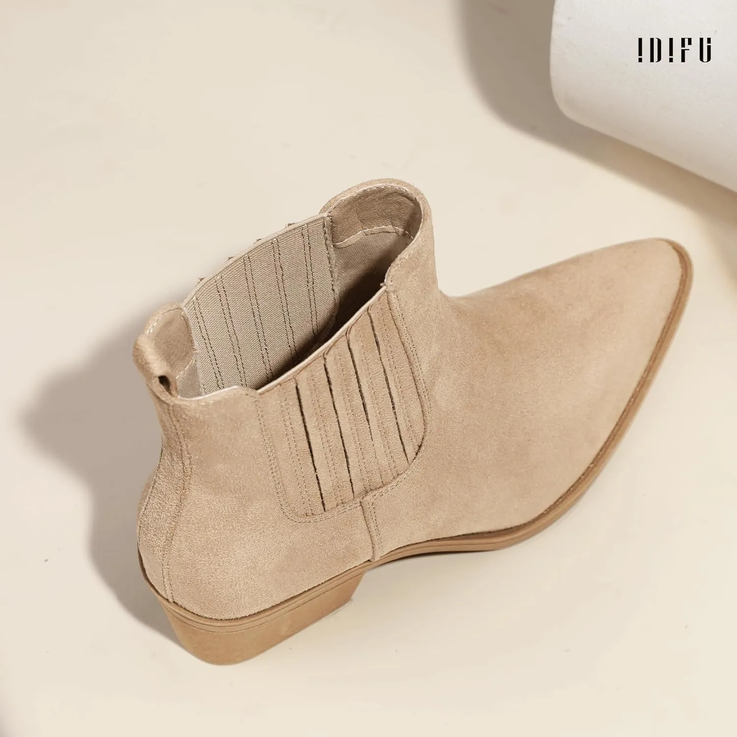 IDIFU IN2 Women's Chelsea Boots Pointed Toe Ankle Booties Low Short Chunky Block Heel Fall Boots Slip On Dress Boots for Women Ladies Comfy Casual Comfortable Cute Elastic Boots