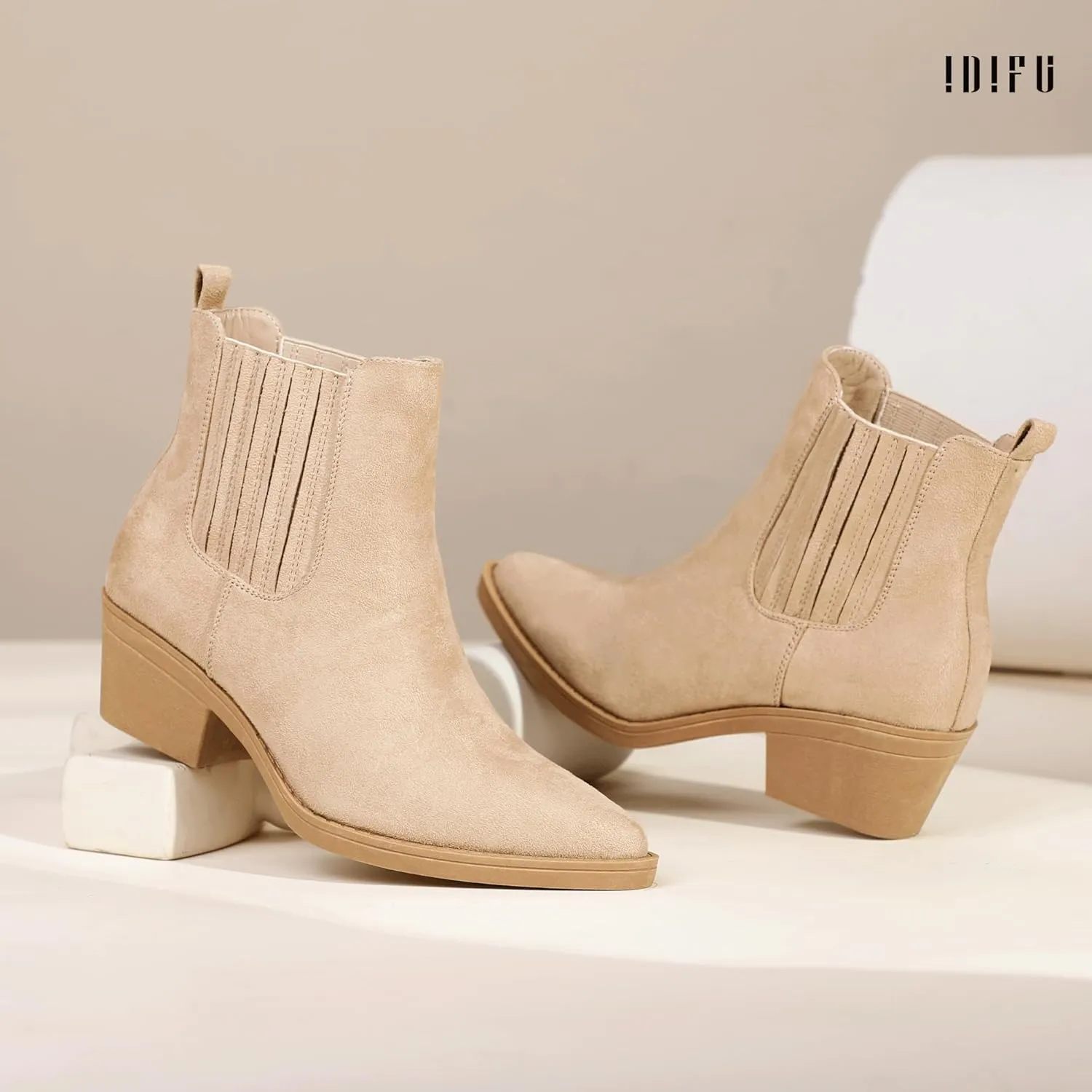 IDIFU IN2 Women's Chelsea Boots Pointed Toe Ankle Booties Low Short Chunky Block Heel Fall Boots Slip On Dress Boots for Women Ladies Comfy Casual Comfortable Cute Elastic Boots