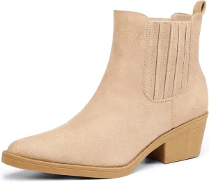 IDIFU IN2 Women's Chelsea Boots Pointed Toe Ankle Booties Low Short Chunky Block Heel Fall Boots Slip On Dress Boots for Women Ladies Comfy Casual Comfortable Cute Elastic Boots