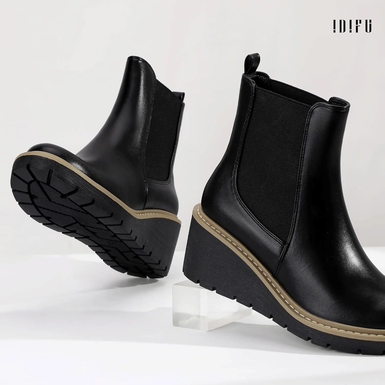 IDIFU IN3 Wedge Chelsea Boots for Women Platform Low Heel Womens Boots Short Lug Sole Round Toe Ankle Boots Fall Dress Fashion Booties Pull On Cute Elastic Heeled Boots