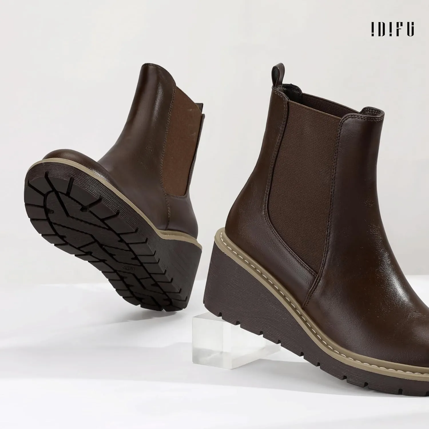 IDIFU IN3 Wedge Chelsea Boots for Women Platform Low Heel Womens Boots Short Lug Sole Round Toe Ankle Boots Fall Dress Fashion Booties Pull On Cute Elastic Heeled Boots