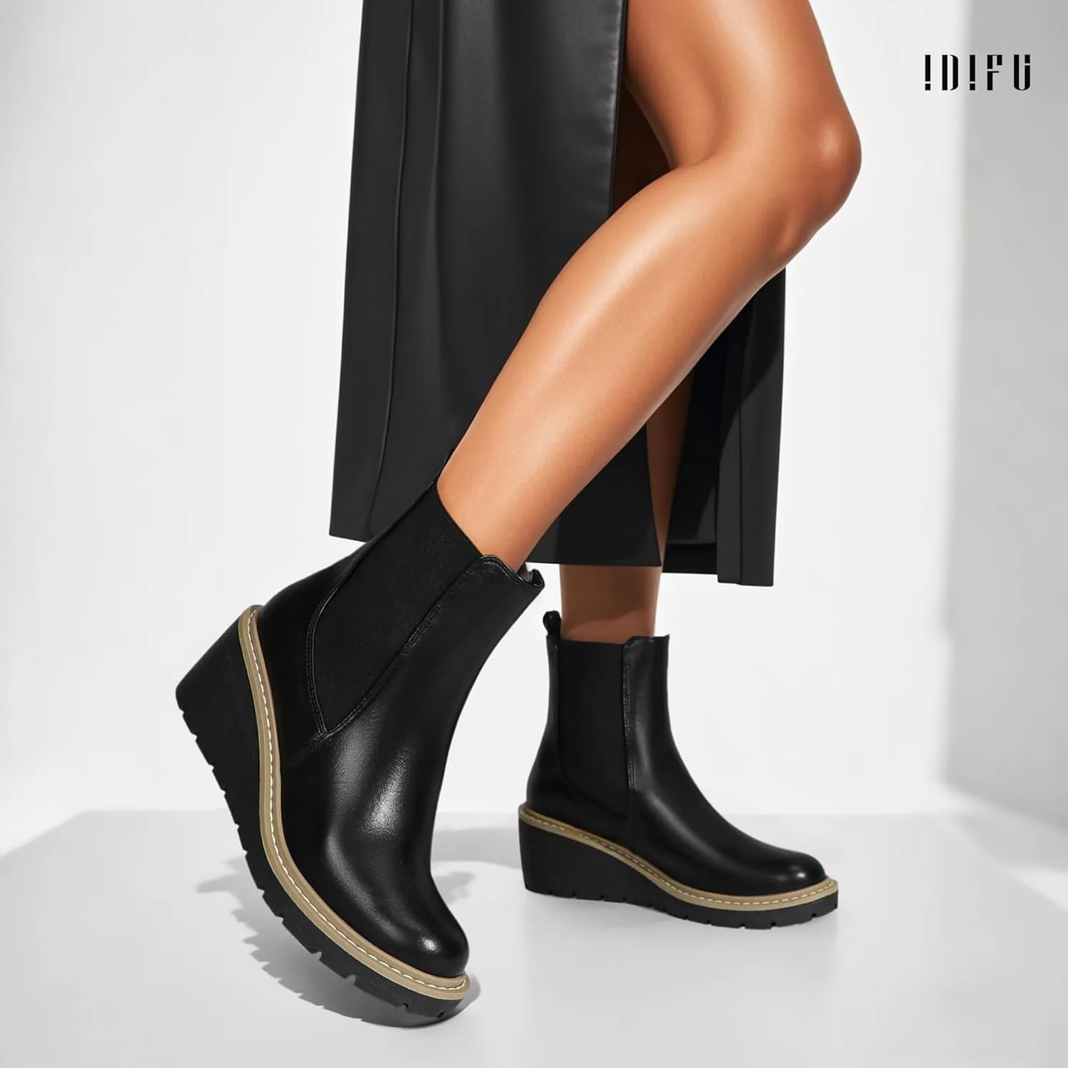 IDIFU IN3 Wedge Chelsea Boots for Women Platform Low Heel Womens Boots Short Lug Sole Round Toe Ankle Boots Fall Dress Fashion Booties Pull On Cute Elastic Heeled Boots