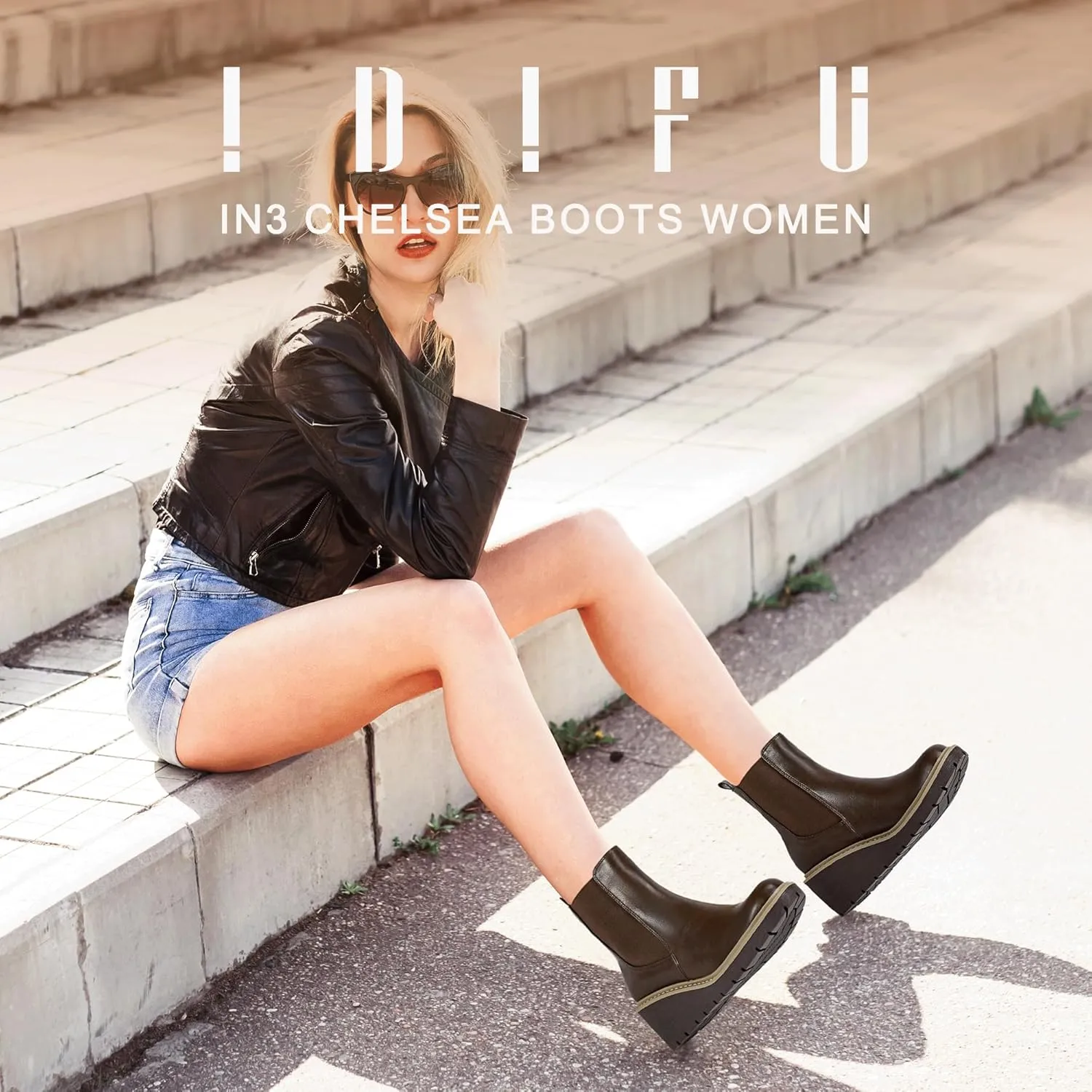 IDIFU IN3 Wedge Chelsea Boots for Women Platform Low Heel Womens Boots Short Lug Sole Round Toe Ankle Boots Fall Dress Fashion Booties Pull On Cute Elastic Heeled Boots