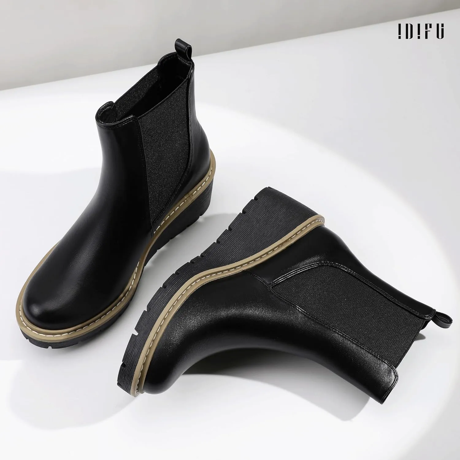 IDIFU IN3 Wedge Chelsea Boots for Women Platform Low Heel Womens Boots Short Lug Sole Round Toe Ankle Boots Fall Dress Fashion Booties Pull On Cute Elastic Heeled Boots