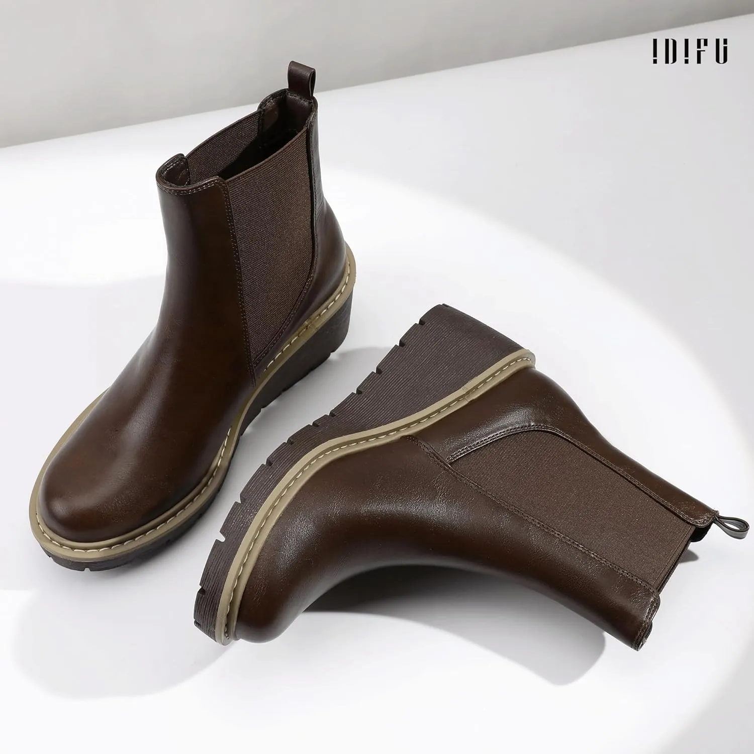IDIFU IN3 Wedge Chelsea Boots for Women Platform Low Heel Womens Boots Short Lug Sole Round Toe Ankle Boots Fall Dress Fashion Booties Pull On Cute Elastic Heeled Boots