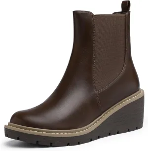 IDIFU IN3 Wedge Chelsea Boots for Women Platform Low Heel Womens Boots Short Lug Sole Round Toe Ankle Boots Fall Dress Fashion Booties Pull On Cute Elastic Heeled Boots