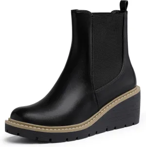 IDIFU IN3 Wedge Chelsea Boots for Women Platform Low Heel Womens Boots Short Lug Sole Round Toe Ankle Boots Fall Dress Fashion Booties Pull On Cute Elastic Heeled Boots