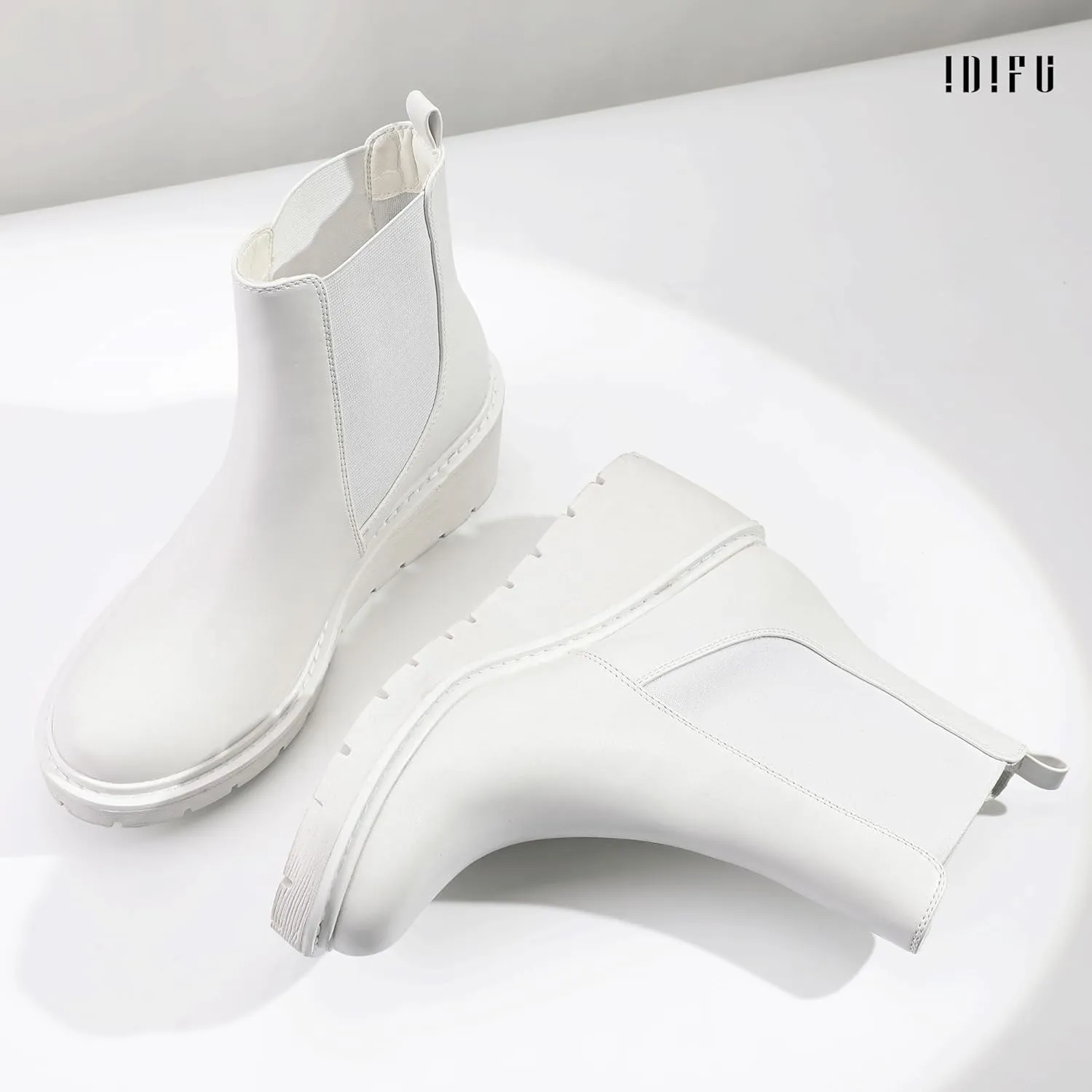 IDIFU IN3 Wedge Chelsea Boots for Women Platform Low Heel Womens Boots Short Lug Sole Round Toe Ankle Boots Fall Dress Fashion Booties Pull On Cute Elastic Heeled Boots