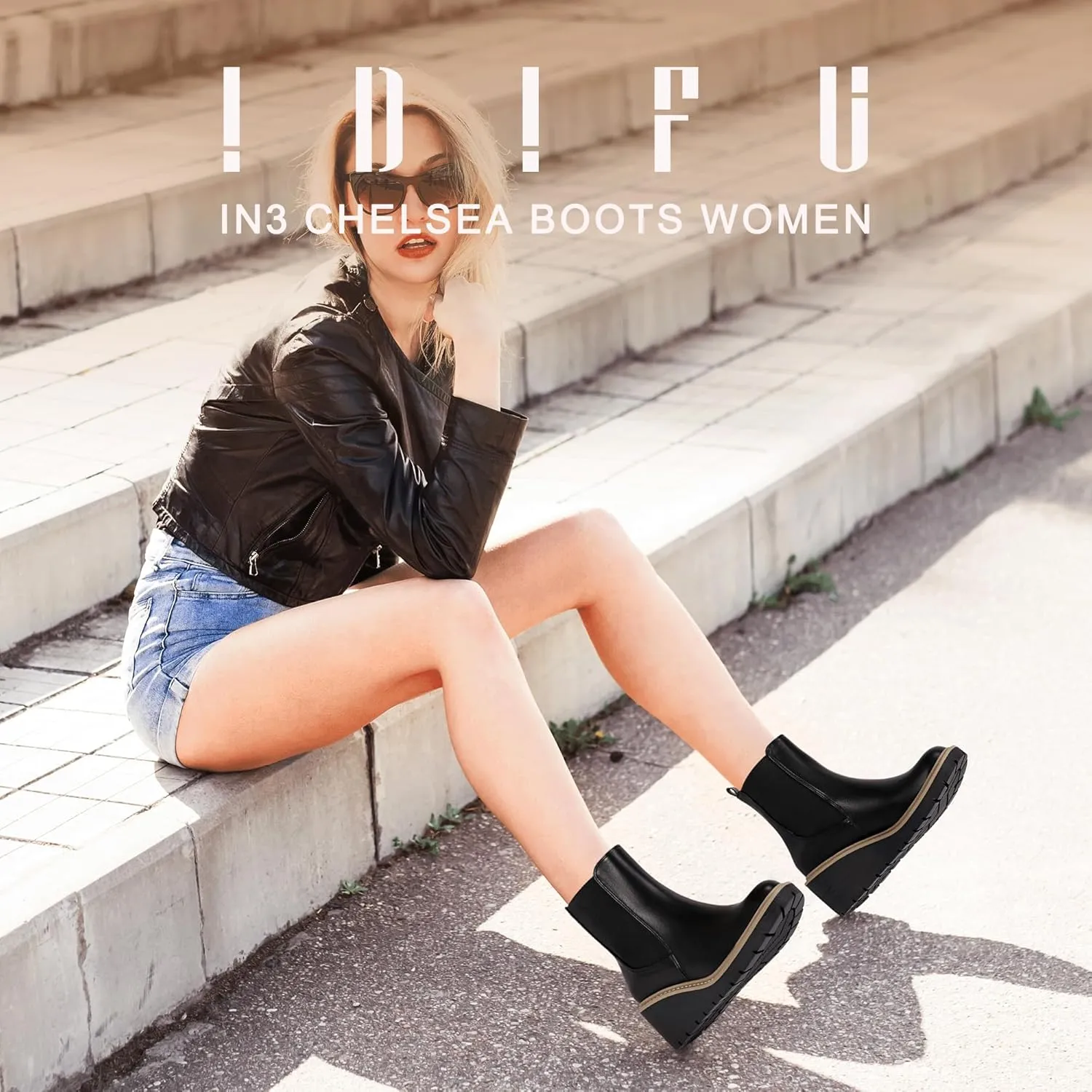 IDIFU IN3 Wedge Chelsea Boots for Women Platform Low Heel Womens Boots Short Lug Sole Round Toe Ankle Boots Fall Dress Fashion Booties Pull On Cute Elastic Heeled Boots