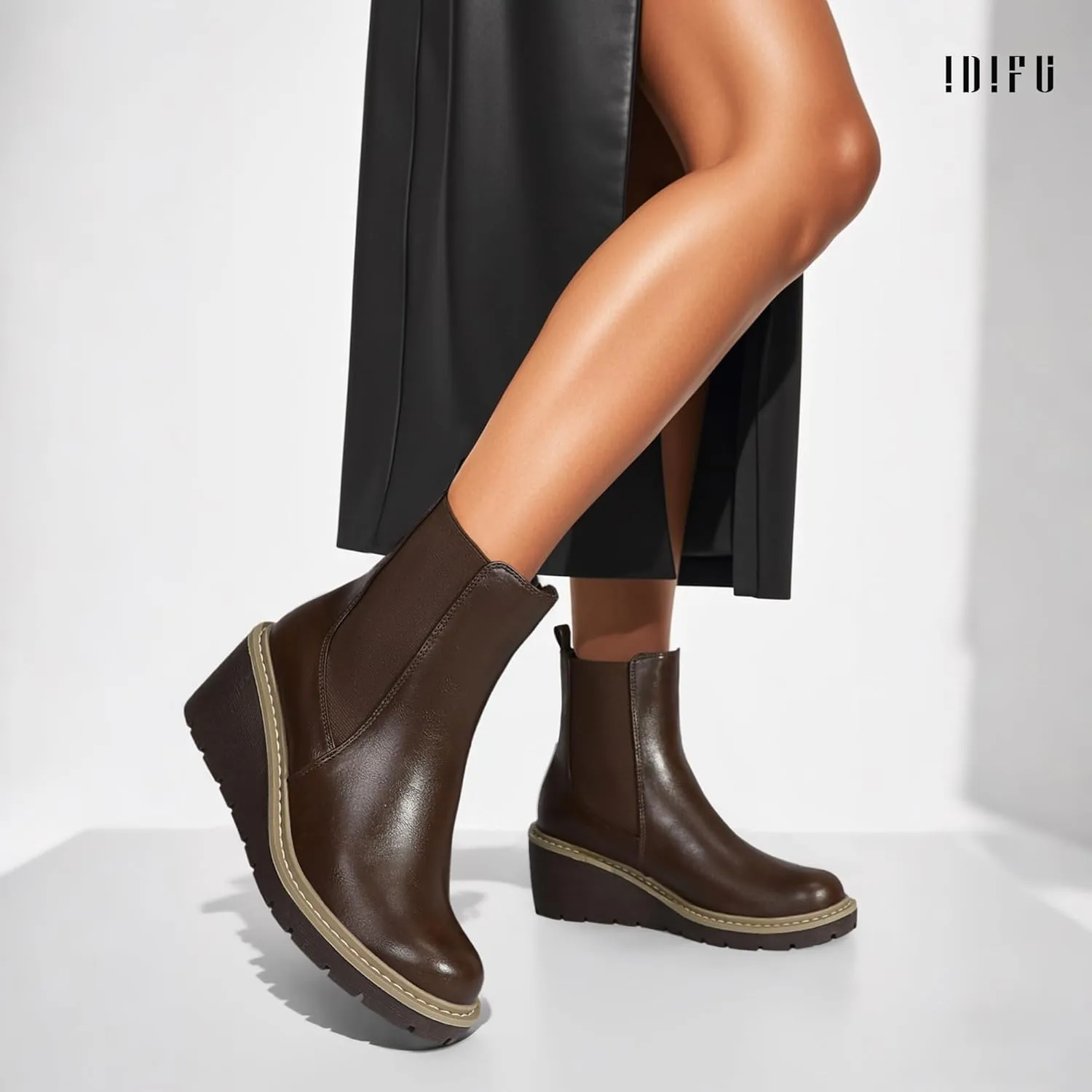 IDIFU IN3 Wedge Chelsea Boots for Women Platform Low Heel Womens Boots Short Lug Sole Round Toe Ankle Boots Fall Dress Fashion Booties Pull On Cute Elastic Heeled Boots