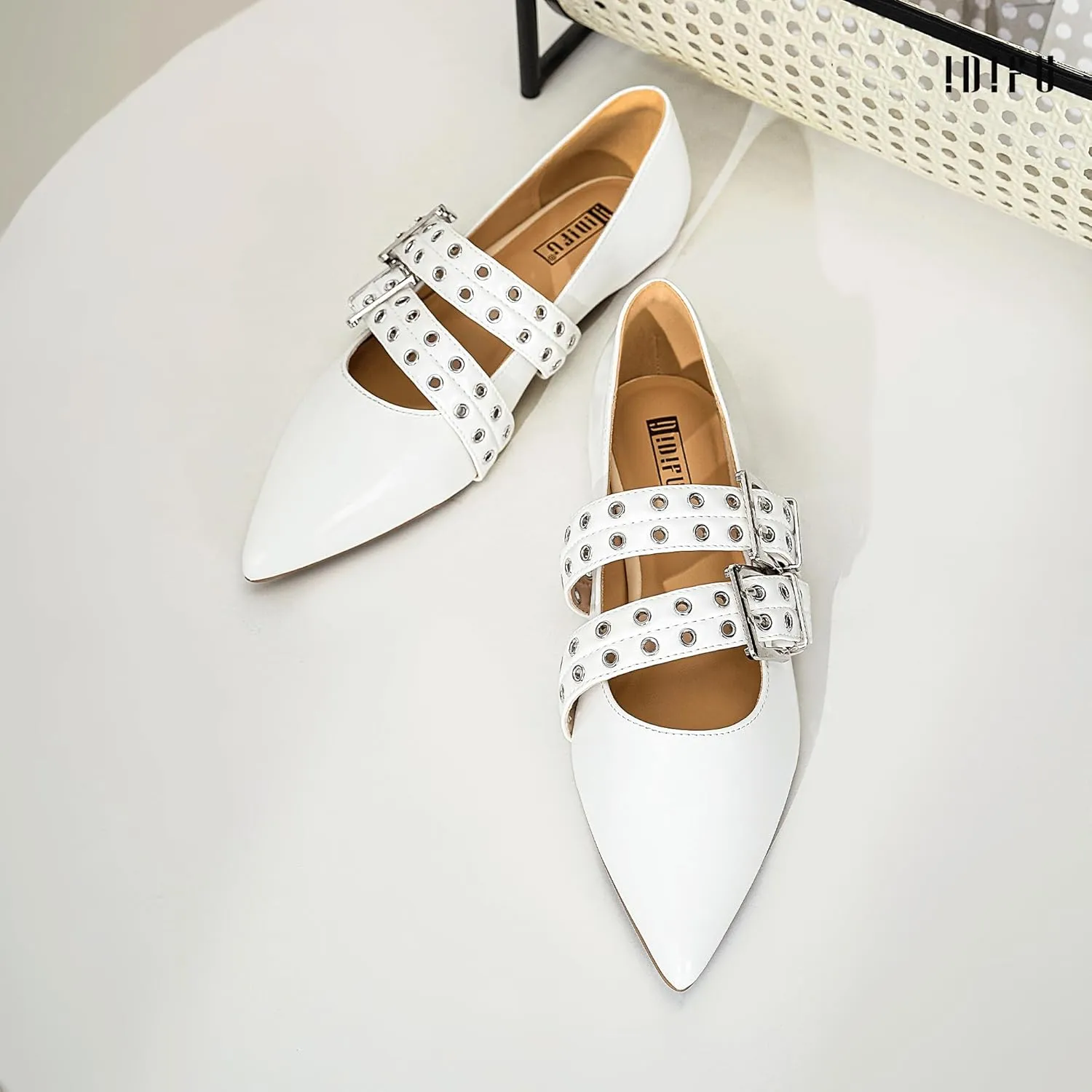 IDIFU Mary Jane Ballet Flats for Women Closed Pointed Toe Double Straps Slip on Buckle Shoes Work Bridal Wedding Prom Office Ladies Casual Dress Shoes Comfortable Fashion Trendy Dressy Flat Shoes