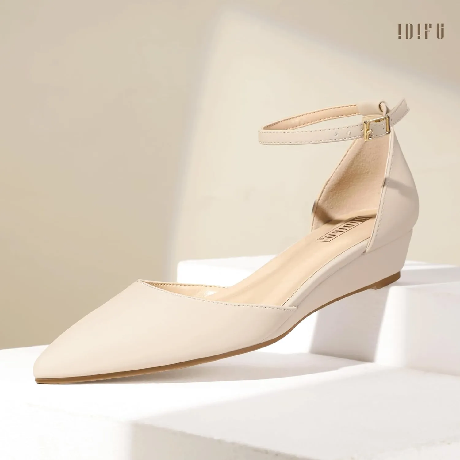 IDIFU Women's Low Wedge Flats Closed Pointed Toe Dress Shoes for Women with Adjustable Ankle Strap Wedding Bridal Work Office Business Prom Comfortable Dressy Casual Formal Cute Flat Shoes