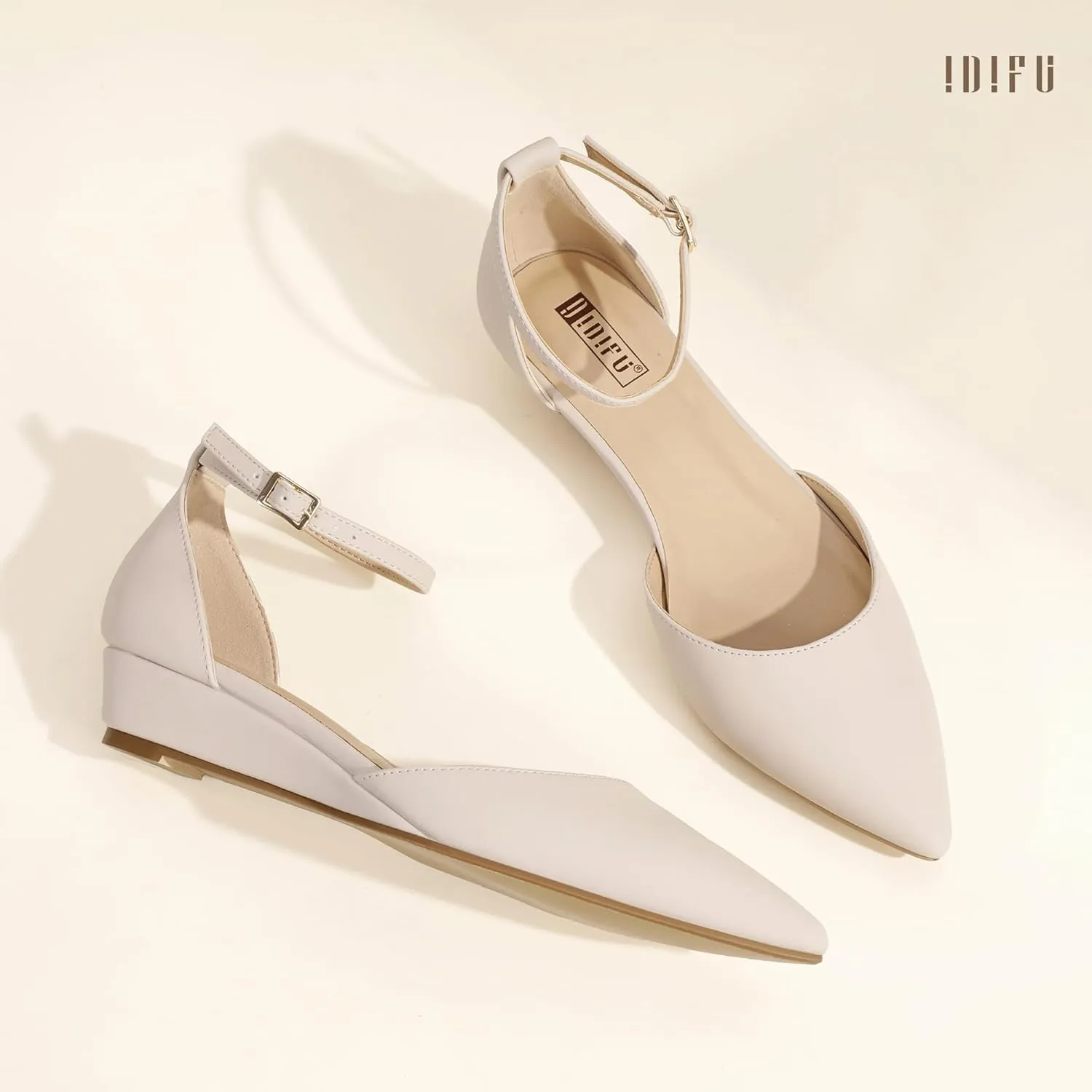 IDIFU Women's Low Wedge Flats Closed Pointed Toe Dress Shoes for Women with Adjustable Ankle Strap Wedding Bridal Work Office Business Prom Comfortable Dressy Casual Formal Cute Flat Shoes