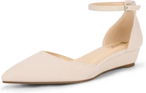 IDIFU Women's Low Wedge Flats Closed Pointed Toe Dress Shoes for Women with Adjustable Ankle Strap Wedding Bridal Work Office Business Prom Comfortable Dressy Casual Formal Cute Flat Shoes