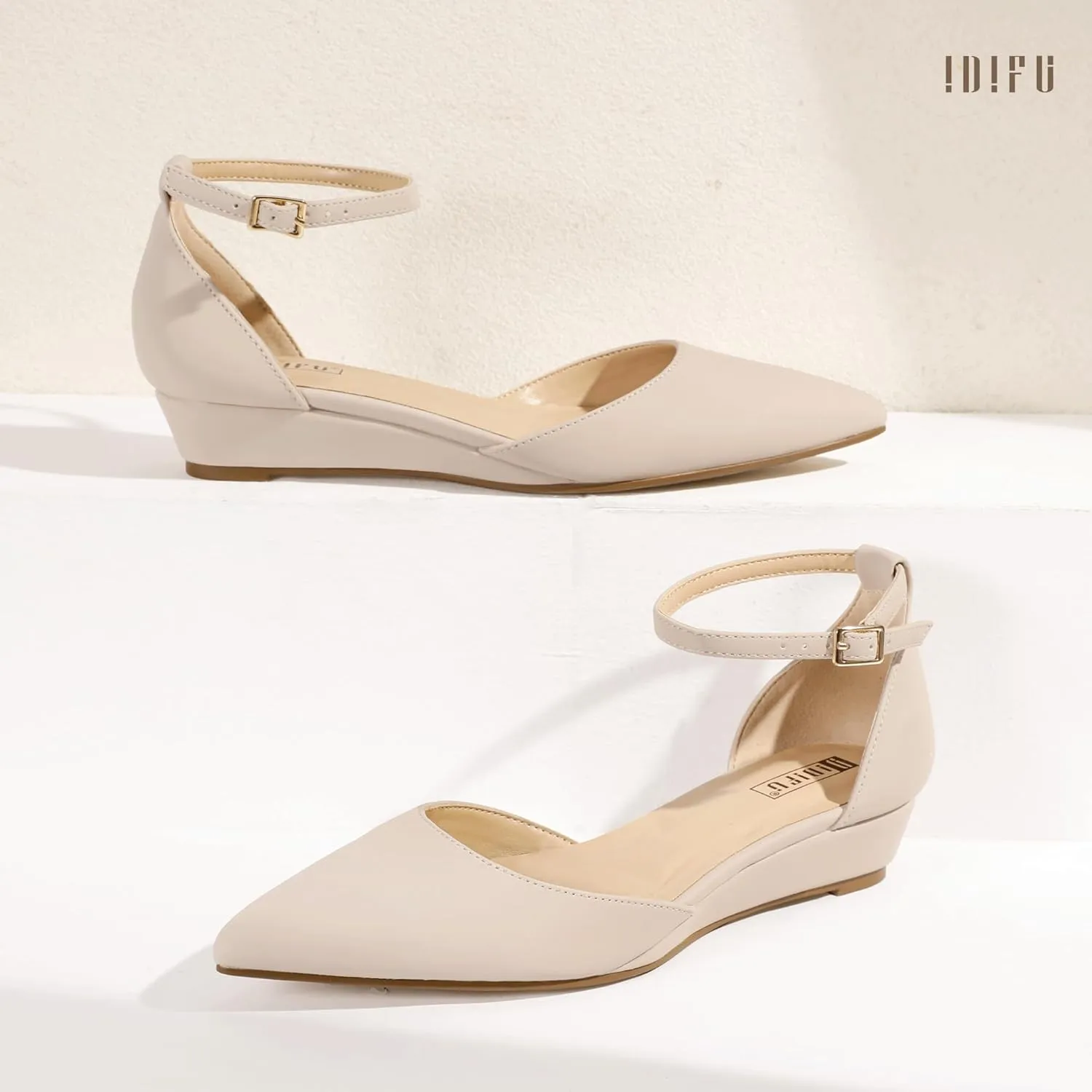 IDIFU Women's Low Wedge Flats Closed Pointed Toe Dress Shoes for Women with Adjustable Ankle Strap Wedding Bridal Work Office Business Prom Comfortable Dressy Casual Formal Cute Flat Shoes