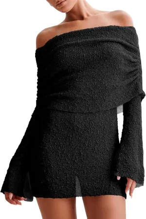 Imily Bela Womens Beach Swimsuit Cover Ups Summer Off The Shoulder Long Bell Sleeve Sheer Mini Dress