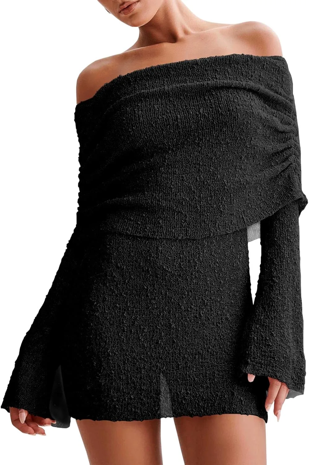 Imily Bela Womens Beach Swimsuit Cover Ups Summer Off The Shoulder Long Bell Sleeve Sheer Mini Dress