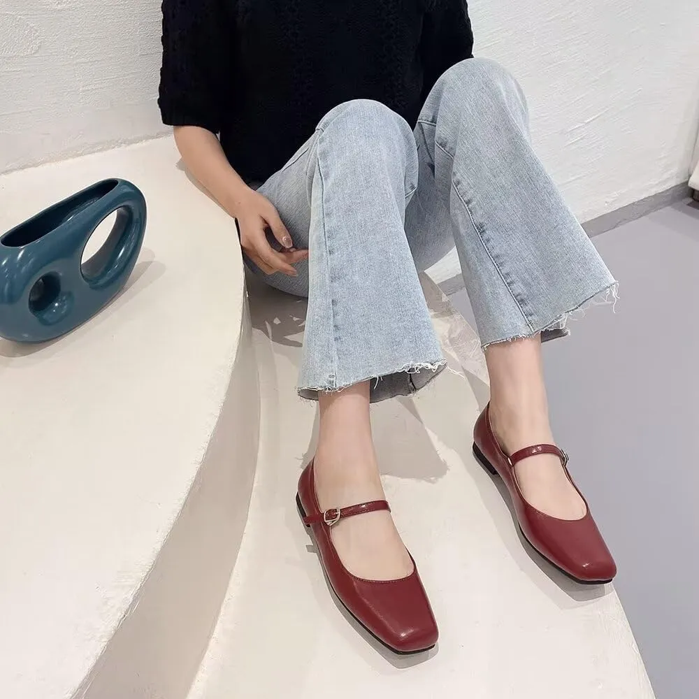 INEELUYI Women's Mary Jane Flats Retro Square Toe Soft Ballet Flats Comfort One Line Strap Dress Flats