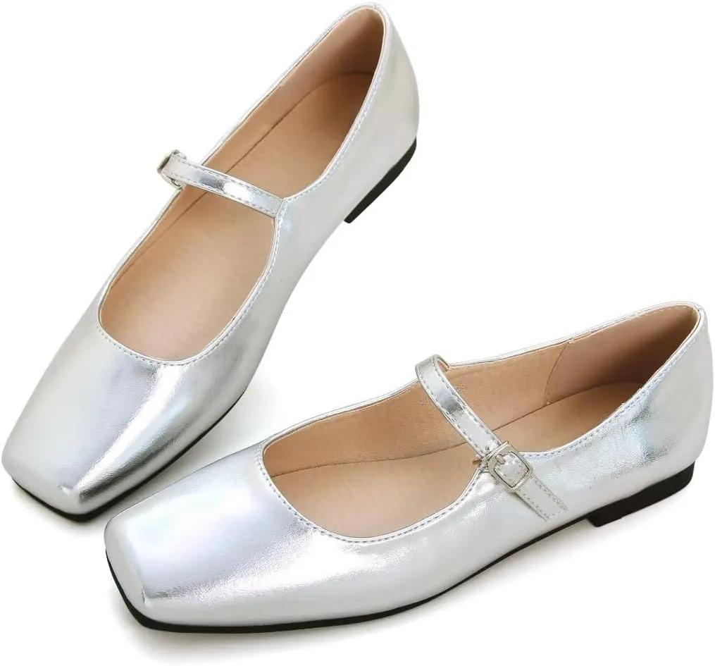 INEELUYI Women's Mary Jane Flats Retro Square Toe Soft Ballet Flats Comfort One Line Strap Dress Flats