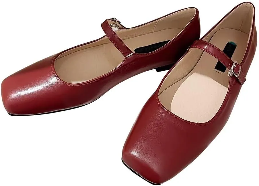 INEELUYI Women's Mary Jane Flats Retro Square Toe Soft Ballet Flats Comfort One Line Strap Dress Flats