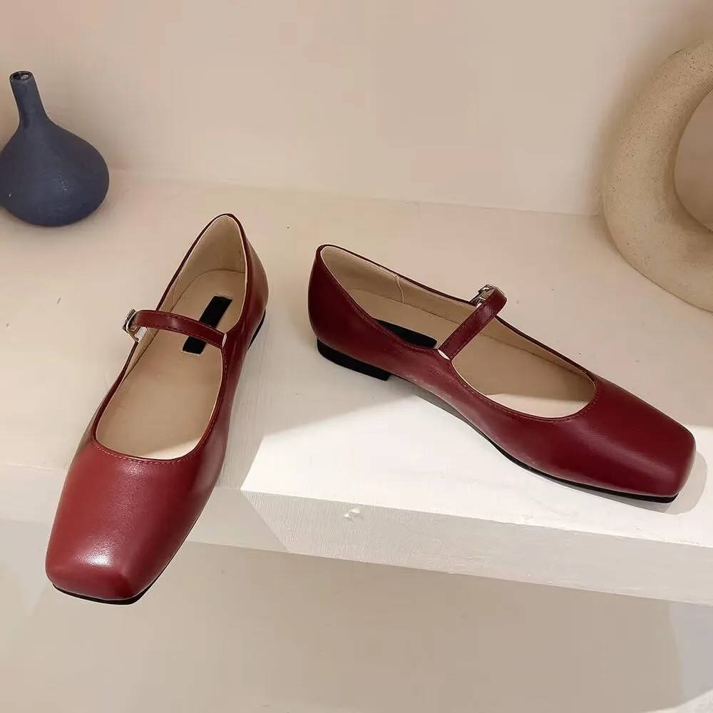 INEELUYI Women's Mary Jane Flats Retro Square Toe Soft Ballet Flats Comfort One Line Strap Dress Flats