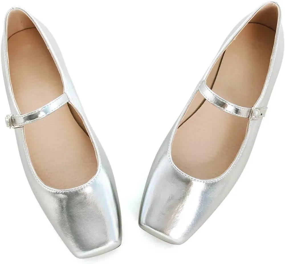 INEELUYI Women's Mary Jane Flats Retro Square Toe Soft Ballet Flats Comfort One Line Strap Dress Flats