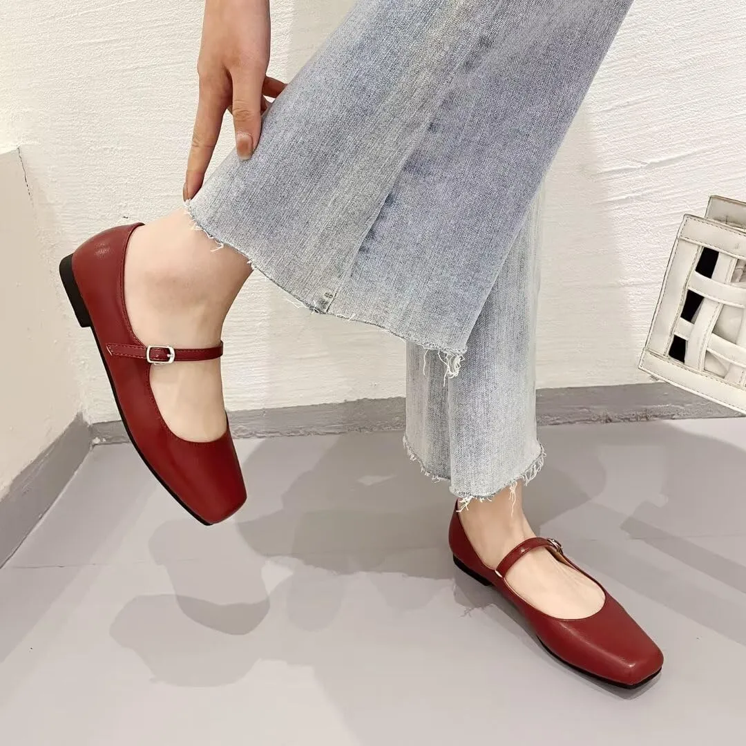 INEELUYI Women's Mary Jane Flats Retro Square Toe Soft Ballet Flats Comfort One Line Strap Dress Flats