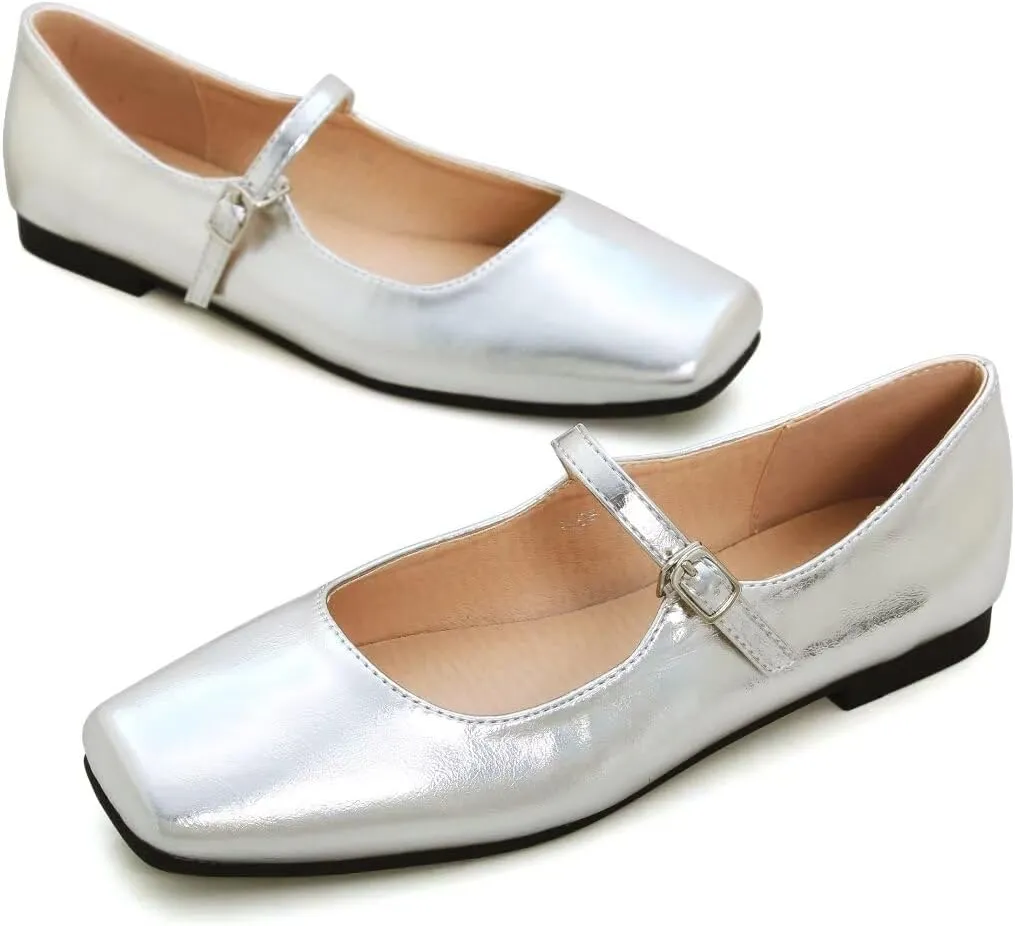 INEELUYI Women's Mary Jane Flats Retro Square Toe Soft Ballet Flats Comfort One Line Strap Dress Flats