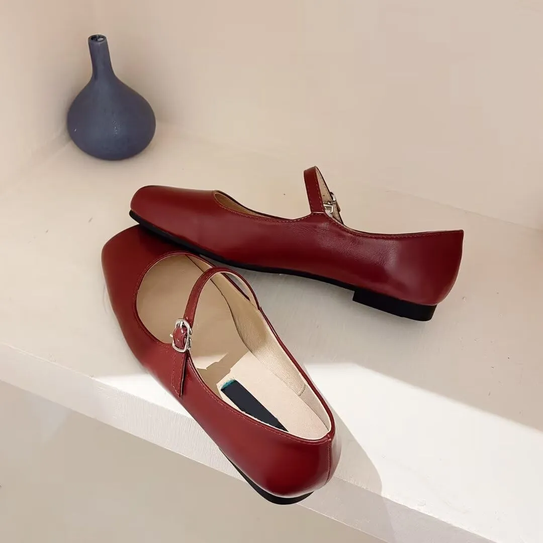 INEELUYI Women's Mary Jane Flats Retro Square Toe Soft Ballet Flats Comfort One Line Strap Dress Flats