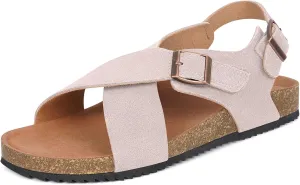 Intini Women's Cork Footbed Sandals with Arch Support Suede Leather Flat Slides Sandals Comfort Open Toe Slip On Shoes for Outdoor Summer Adjustable Buckle & Crisscross Band
