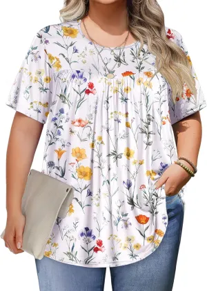 IN'VOLAND Womens Plus Size Tops Short Sleeve Tunic Crew Neck Shirts Summer Casual Loose Blouse 1X-5X