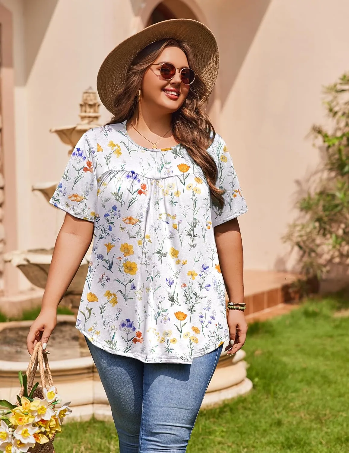 IN'VOLAND Womens Plus Size Tops Short Sleeve Tunic Crew Neck Shirts Summer Casual Loose Blouse 1X-5X