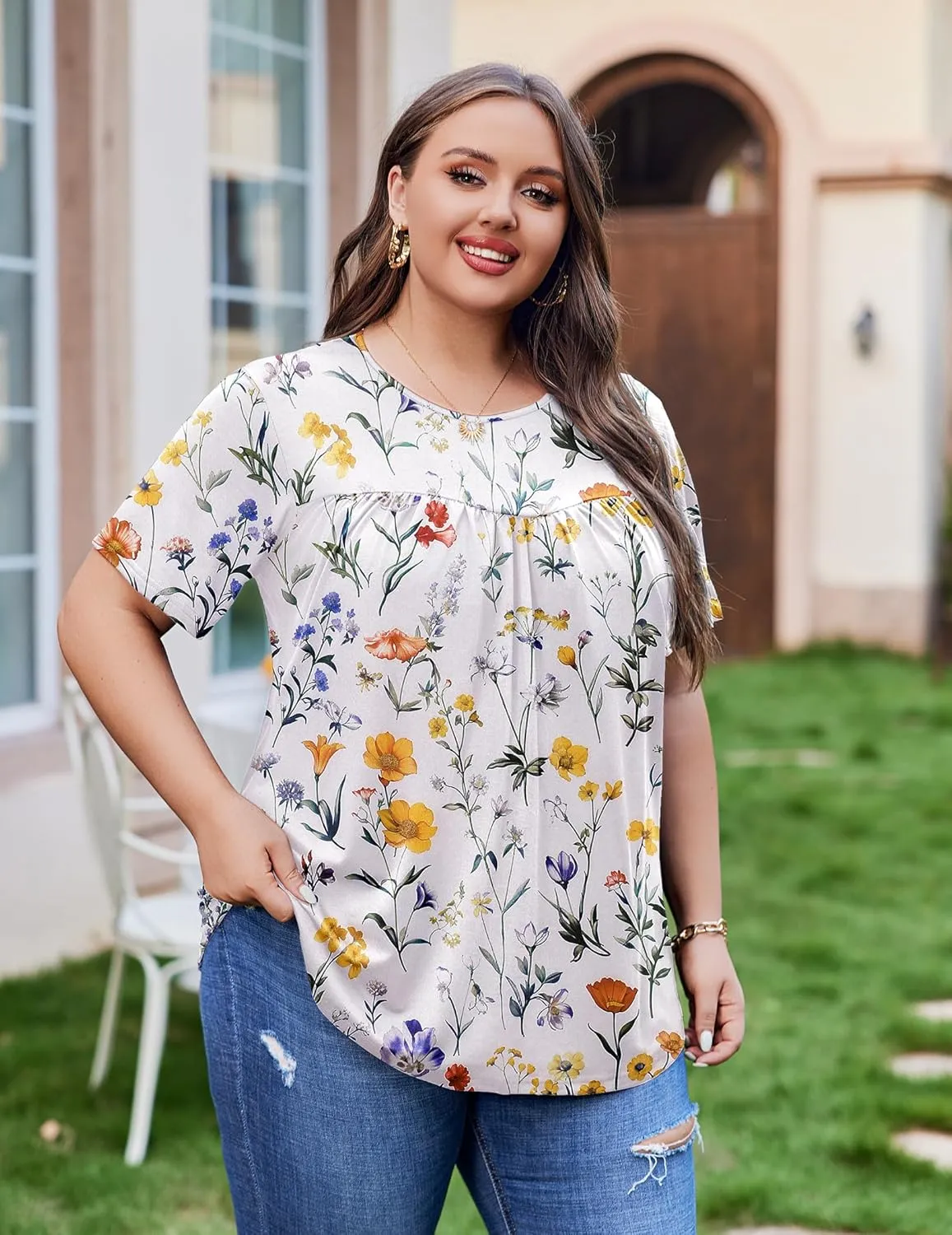 IN'VOLAND Womens Plus Size Tops Short Sleeve Tunic Crew Neck Shirts Summer Casual Loose Blouse 1X-5X
