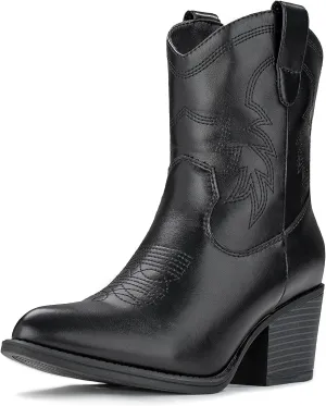 IXU Cowboy Boots for Women Ankle Cowgirl Booties Wide Mid Calf Pointed Toe Western Boots Short Chunky Classic Booties