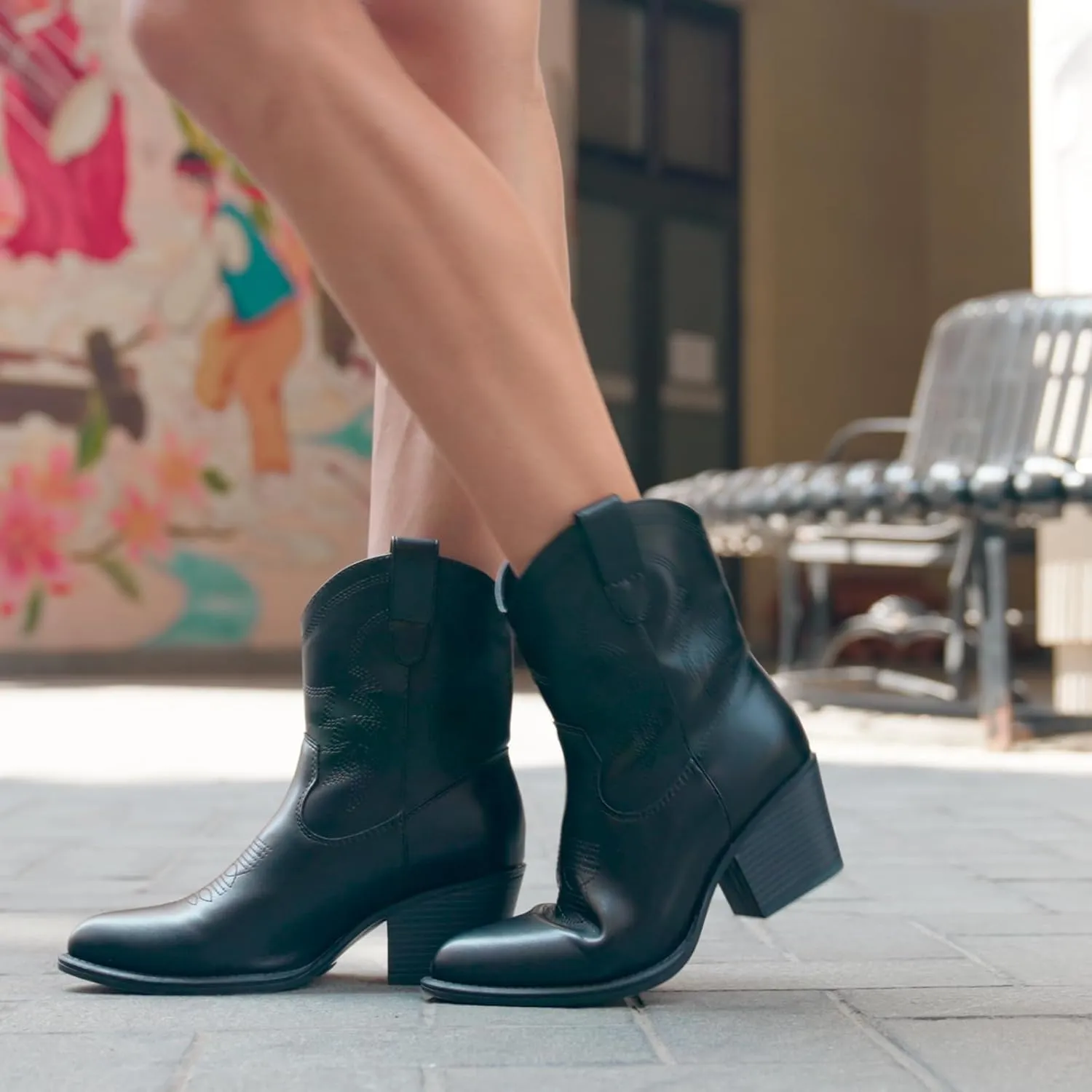 IXU Cowboy Boots for Women Ankle Cowgirl Booties Wide Mid Calf Pointed Toe Western Boots Short Chunky Classic Booties