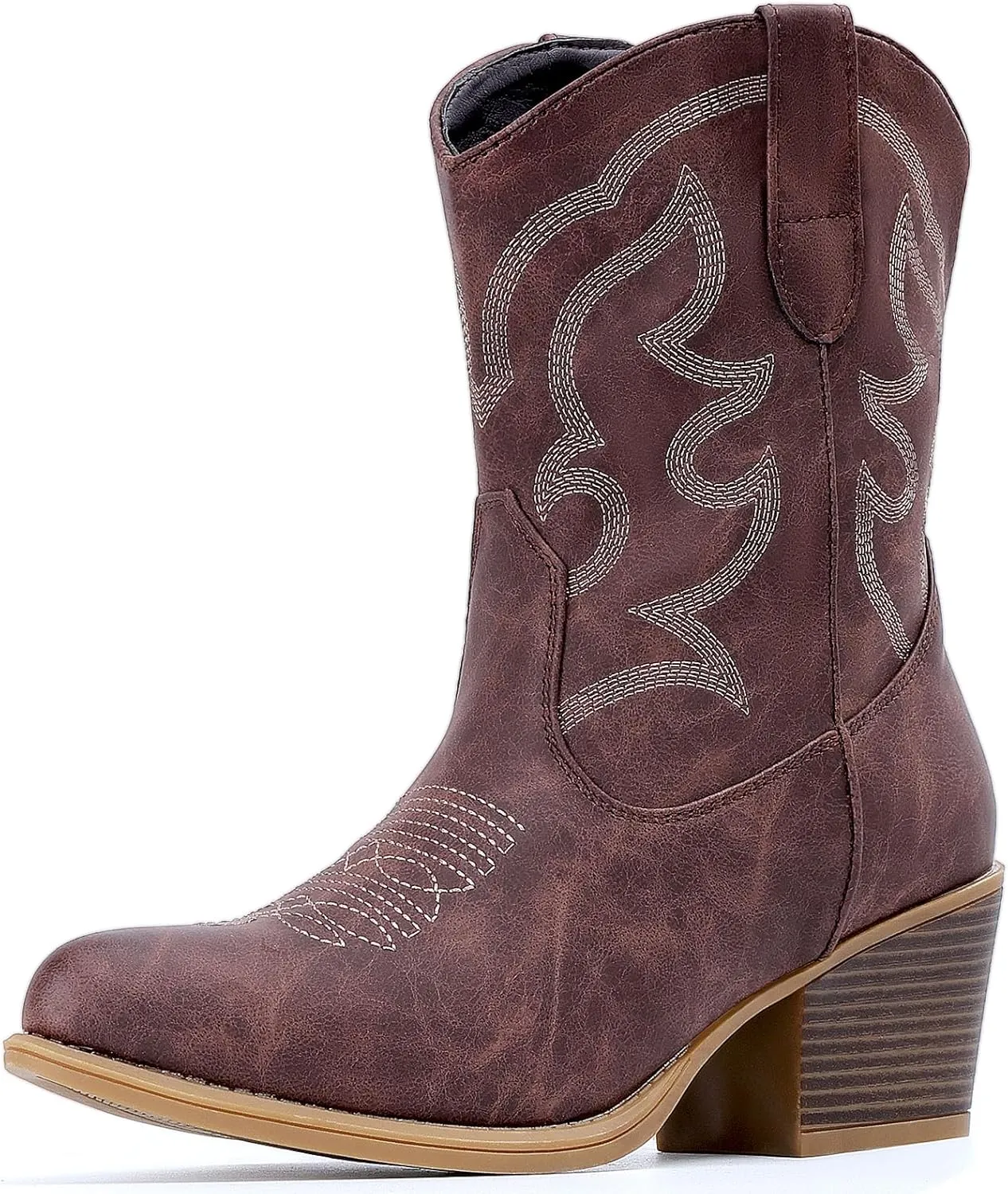 IXU Cowboy Boots for Women Suede Ankle Western Cowgirl Boots Mid Calf Pointed Toe Short Chunky Classic Booties